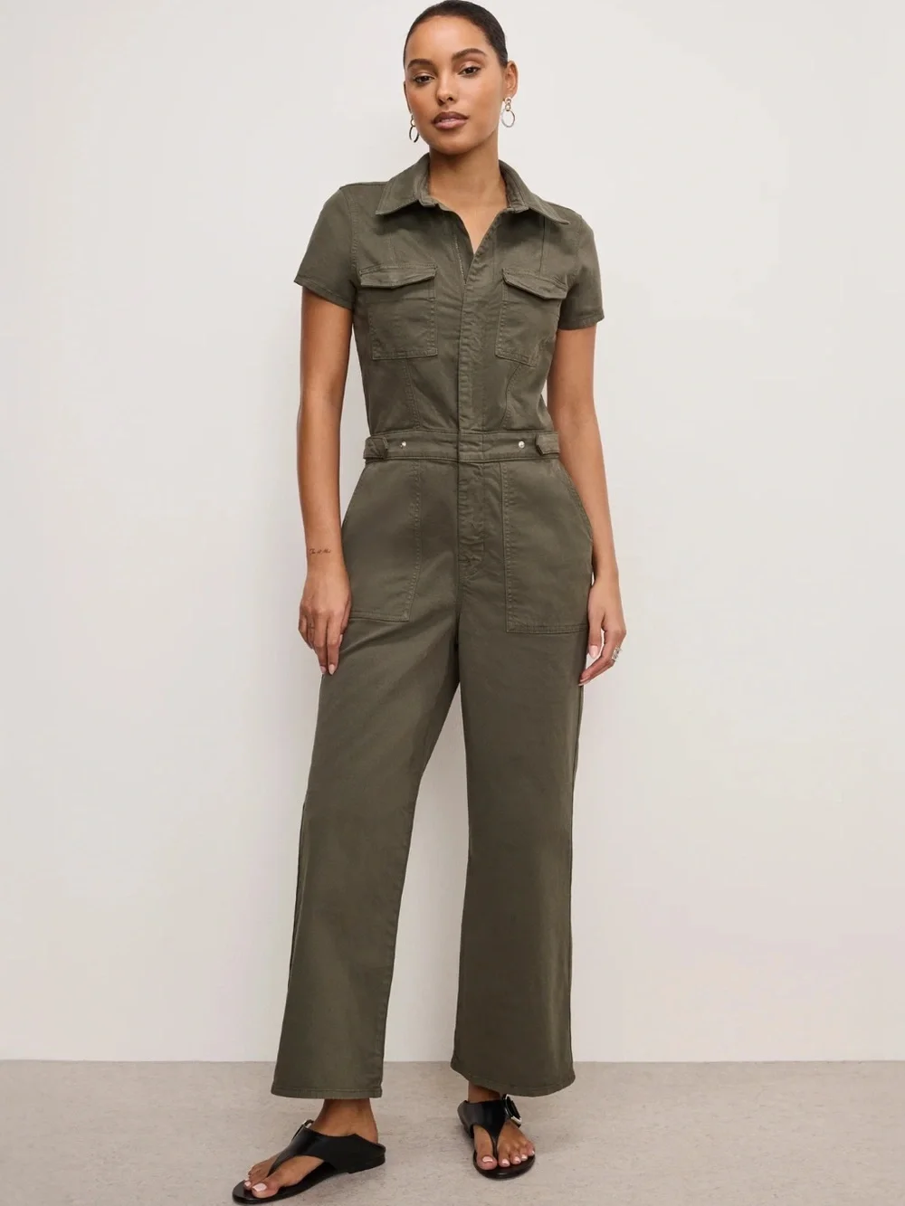 Good American Fit For Success Twill Palazzo Jumpsuit In Fatigue